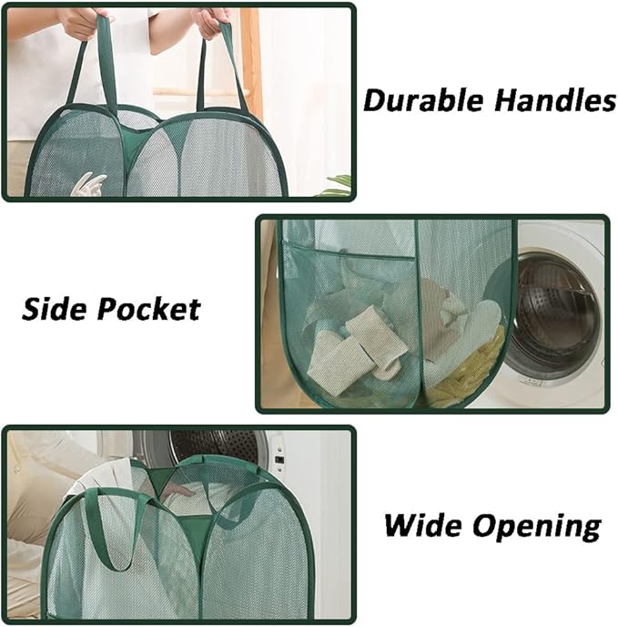 Pop Up Laundry Hamper, Reinforced Mesh Laundry Basket, Folding Clothes Storage Bin for Home, Dorm, Apartments, Travel (Green, Vertical)