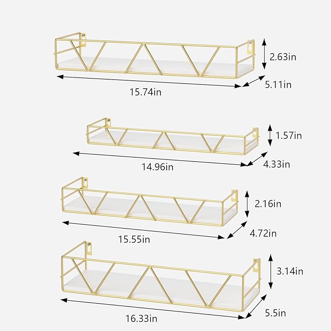 Floating Shelves Set of 3, Home Wood Wall Shelf, Farmhouse Shelf for Bedroom, Wall Mounted Floating Shelf for Living Room, Bedroom, Bathroom, Kitchen, Office (Gold-4pcs)