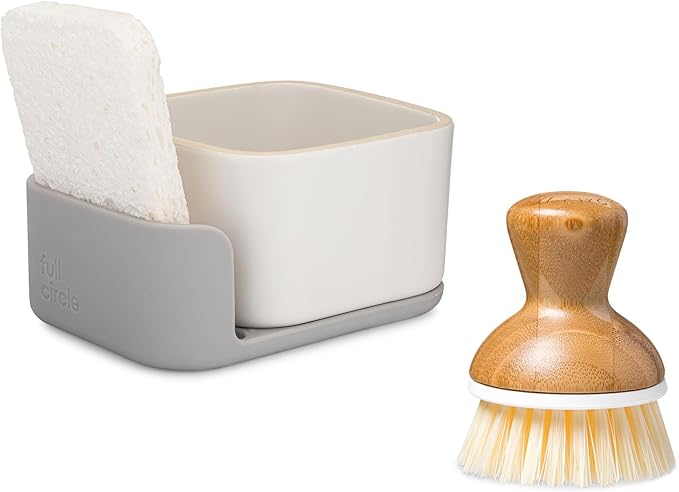Full Circle Bubble Up Combo – Family Safe, Formaldehyde-Free – Gray Ceramic Soap Dish with Plant-Based Sponge & Bamboo Dish Brush – Versatile Kitchen Scrub Brush Set for Pots, Pans, Counter & Ovens