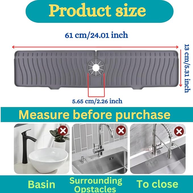 24 Inch Longer Faucet Mat for Kitchen Sink, Silicone Sink Faucet Mat Splash Guard 5° Slope Premium Kitchen Sink Splash Faucet Guard, Fast Self-Draining Mat (Grey)
