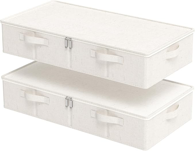 Underbed Storage Bins Compartment, Foldable Under Bed Boxes Organizer, Cube Container with Lid for Organizing Clothes, Sheets, Blankets, Comforter, 31.4x15.7x5.9in, Beige, 2 Pack