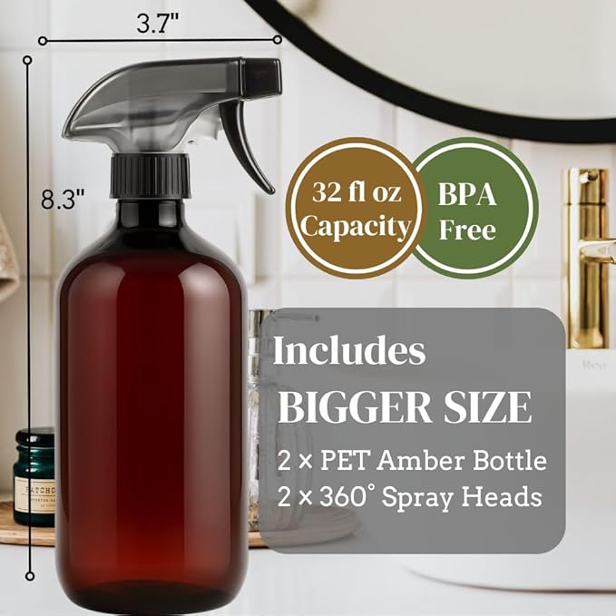 360° Heavy Duty Spray Bottle 32oz (2 Pack) | Upside Down Spray Bottles | All Purpose Plastic Amber Spray Bottles