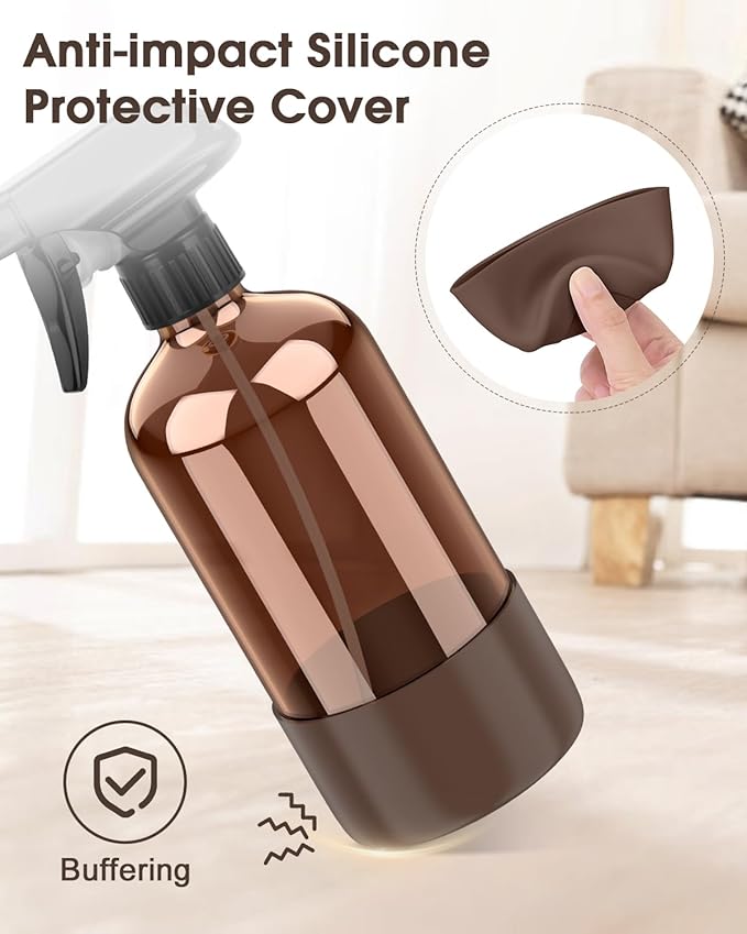 Glass Spray Bottle with Silicone Sleeve Protection, Amber Glass Spray Bottle Set for Window Cleaner Aromatherapy Facial Hydration Watering Flowers Hair Care 2 Pack/16 oz (Brown, 16 oz)