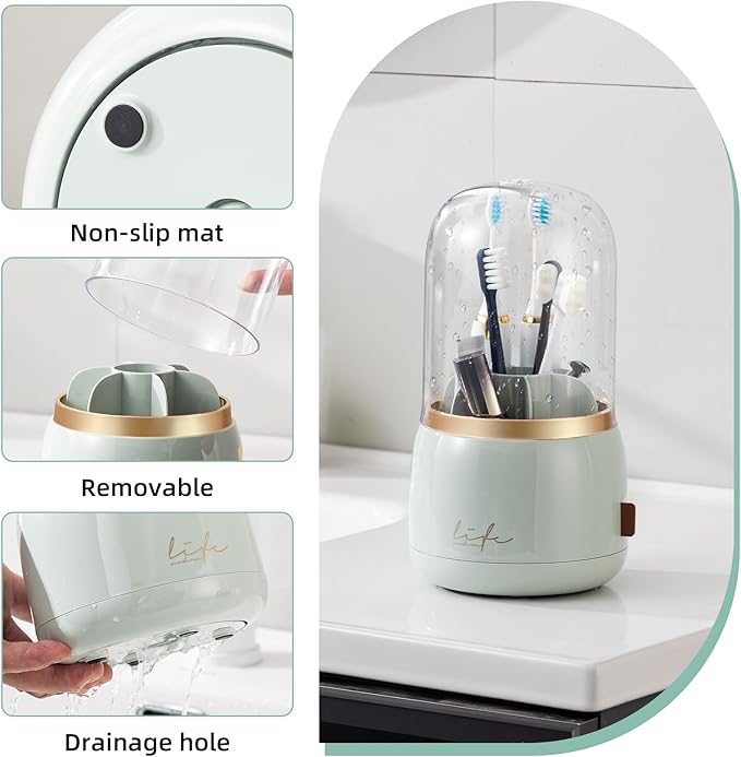 CLOKTA Toothbrush Holders for Bathrooms, Rotating 7 Slots Electric Toothbrush Holders with Cover, Countertop Toothpaste Organizers (Light Green)