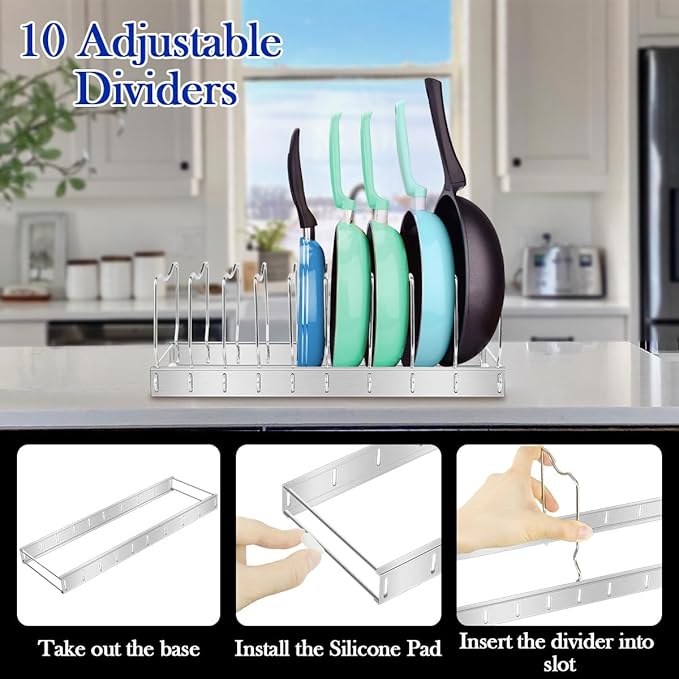 2Pack Lid Organizer Pot Lid Organizer Detachable and Adjustable Pots and Pans Organizer for Kitchen Cabinet Storage for Pots and Pans, Cutting Boards, Cooking Utensils