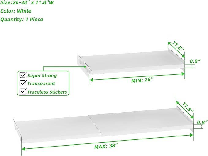 SANNO Adjustable Shelf Organizer for Closet, 17-31" Tension Shelf with Heavy-Duty Adhesive - DIY Expandable Shelf Dividers for Cabinet, Pantry, Wardrobe, Kitchen, 1 Pack