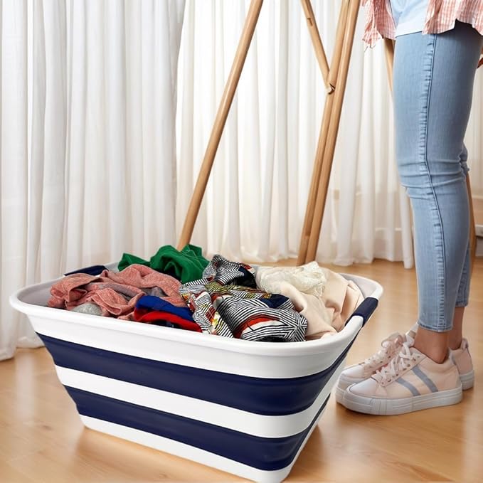 SAMMART Collapsible Plastic Laundry Basket with Handle/Foldable Pop Up Storage Hamper/Portable Laundry Organizer-Space Saving Washing Tub/Household Storage (White/Starry Blue, 42L)