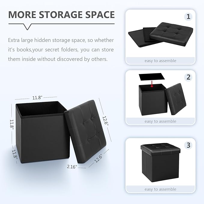 B FSOBEIIALEO Storage Ottoman Small Cube, Foot Rest Seat Faux Leather Dorm Room Ottoman Black 12.6"X12.6"X12.6" (2 Pack)
