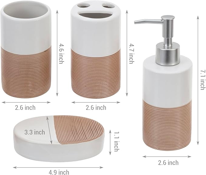 MyGift 4 Pcs Soap Dispenser and Toothbrush Holder Set, Ceramic Bathroom Accessories Set, Soap Dish, Pump Dispenser, Tumbler Cup, Dual Tone White with Clay Stripe