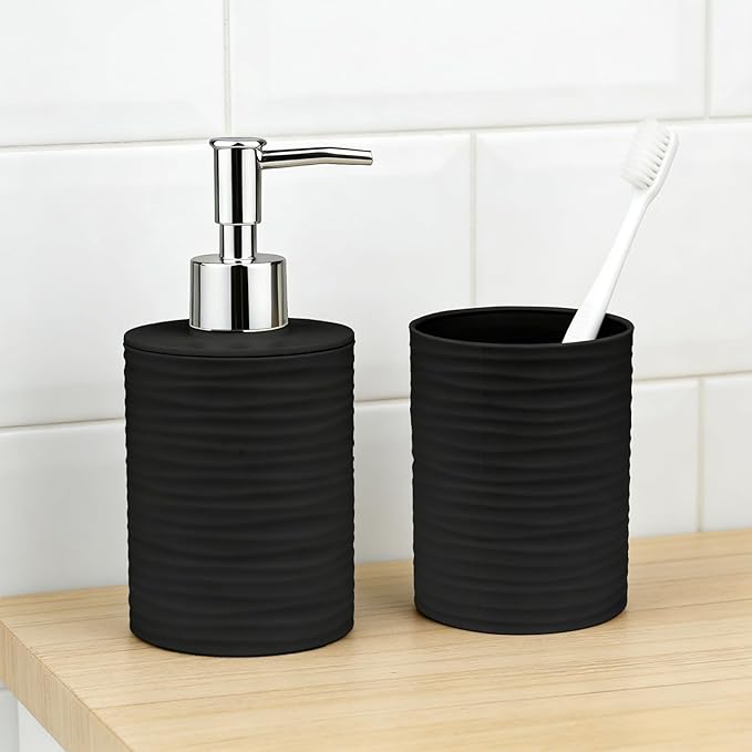 Bathroom Accessories Set, 2-Piece Black Soap Dispenser & Toothbrush Holder with Ripple Texture & Rust-Proof Pump, Modern Matte Organization