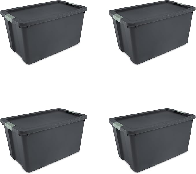 Sterilite 4 Pack 34 Gallon Latch Tote, Stackable Plastic Storage Bin Container, Gray/Green