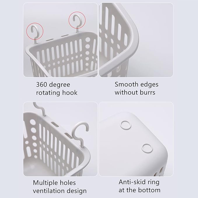 3PCS Plastic Hanging Baskets for Shower, Hanging Basket Organizer with Hooks, Rectangle 10.6Inches Small Hanging Storage Basket (Grey)