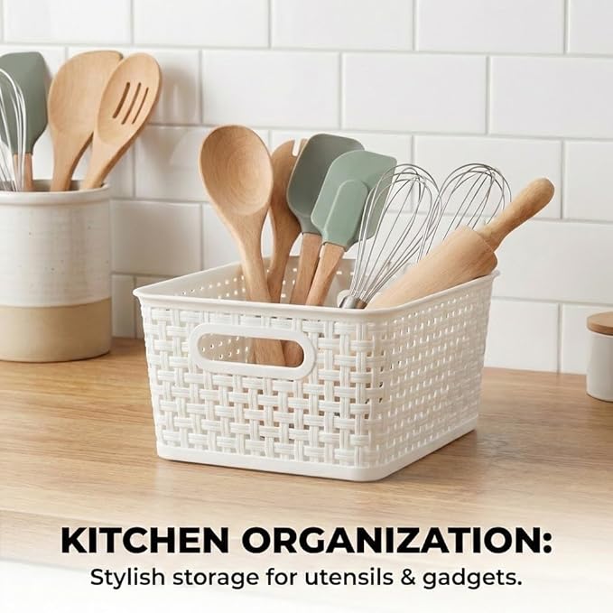 8 Pack White Storage Baskets, Plastic Woven Organizer Baskets, Stackable Shelf Baskets for Closet, Pantry & Bathroom