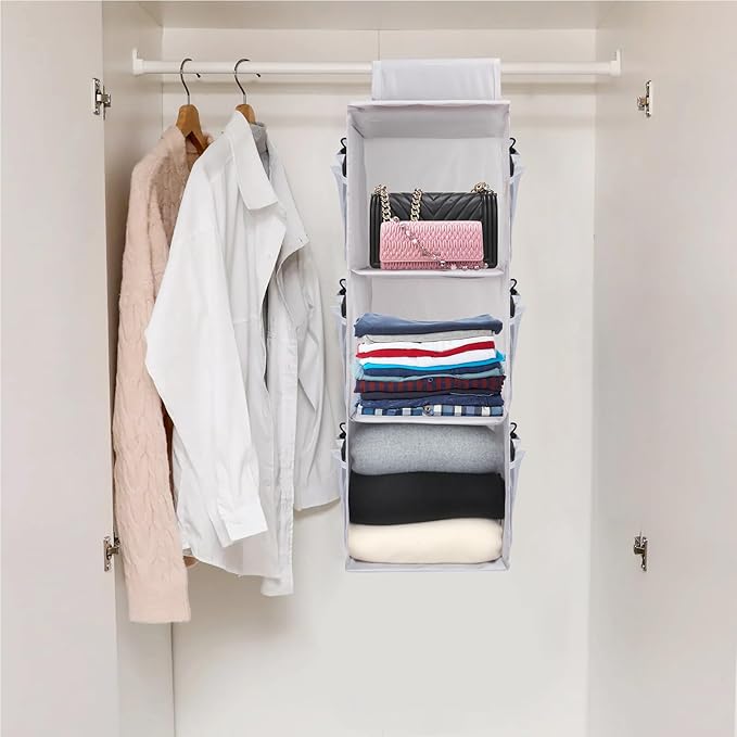 PetsHome 3-Shelf Hanging Closet Organizer, Space Saver, Closet Hanging Storage Shelves with Mesh Pockets & Magic Tap for Storage, Foldable-Grey