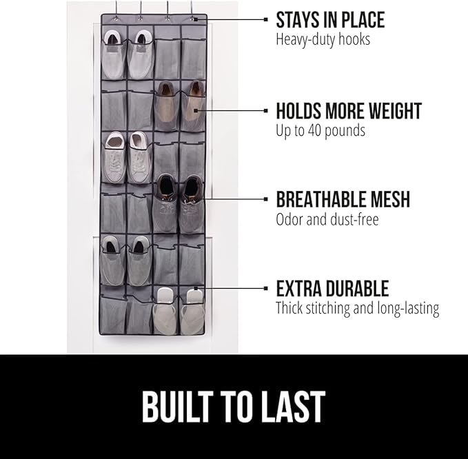 GORILLA GRIP Over the Door Shoe Organizer, 24 Large Breathable Mesh Pockets, Space Saving Hanging Storage Holder, Closet Rack Hanger Holds Up to 40 lbs, Hangs on Closets for Shoes, Accessories, Gray