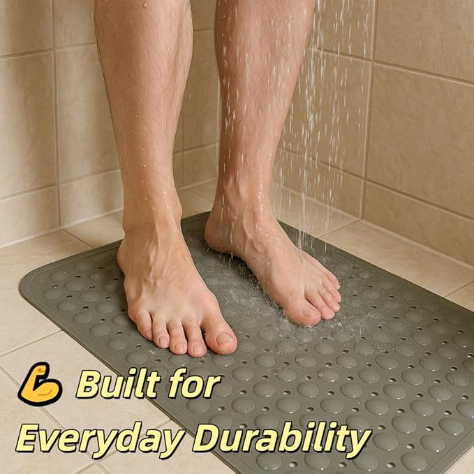 Bath and Shower Safety Mats 27.5x15 inch, Non Slip with Strong Suction Cups for Bathroom Stall and Tub Floor, Extra Large and Machine Washable, Drain Holes Keep Bathtub Clean, Soft on Feet, Grey
