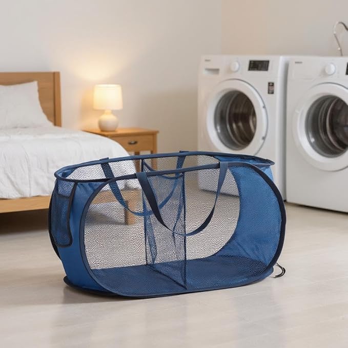 LINLOOM Foldable 2-Section Laundry Hamper Basket with Handles, 2-Pack Storage Organizer for Home, Breathable Mesh Divider Sorter for Whites & Colors, Collapsible Clothes Bin, Navy Blue