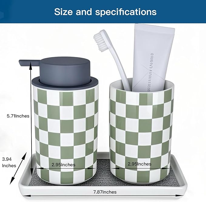 Bathroom Toothbrush Holder Set, Ceramic Soap Dispenser and Tooth Brush Holder Set, Modern Bathroom Accessories Sets Countertop, Checkered Bathroom Decor, Sage Green Bathrooms Decorative