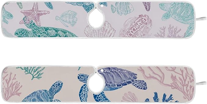 Sink Faucet Absorbing Mat Kitchen Sink Splash Guard Splash Faucet Drip Catcher for Bar RV Bathroom 2PCS 14.9x5.5in Line Turtles Starfish and Coral
