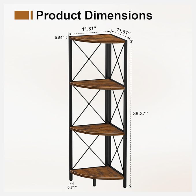 Snughome Rustic Corner Shelf Stand for Desktop, 4 Tier Corner Storage Plant Shelf, Freestanding Corner Shelf Display Rack, Multi-Unit Organizer for Living Room, Home Office, Small Space，Rustic Brown