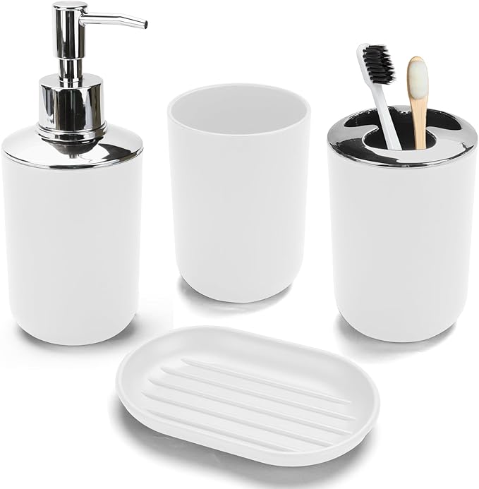 4 Pcs White Bathroom Accessories Set,Bohemian Bathroom Toothbrush Holder Set.Include Soap Dispenser, Soap Dish, Toothbrush Holder, Mouthwash Cup, Modern Bahtroom Decor Set