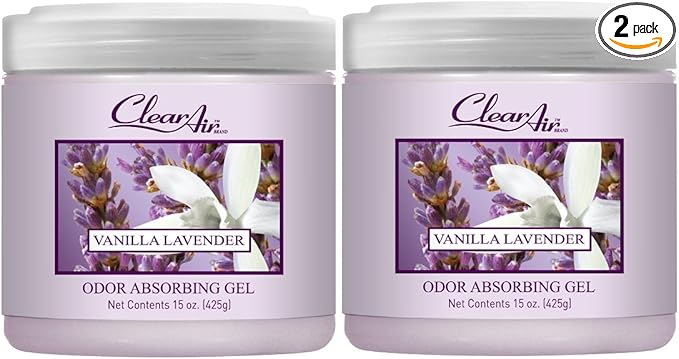 Clear Air 15oz Gel Odor Eliminator - Absorb & Remove Strong Odors from Pets, in Bathrooms, Basements, Garage, Cars, RVs & Boats - Eliminate Tough Odors with Essential Oils (Vanilla Lavender, 2-Pack)