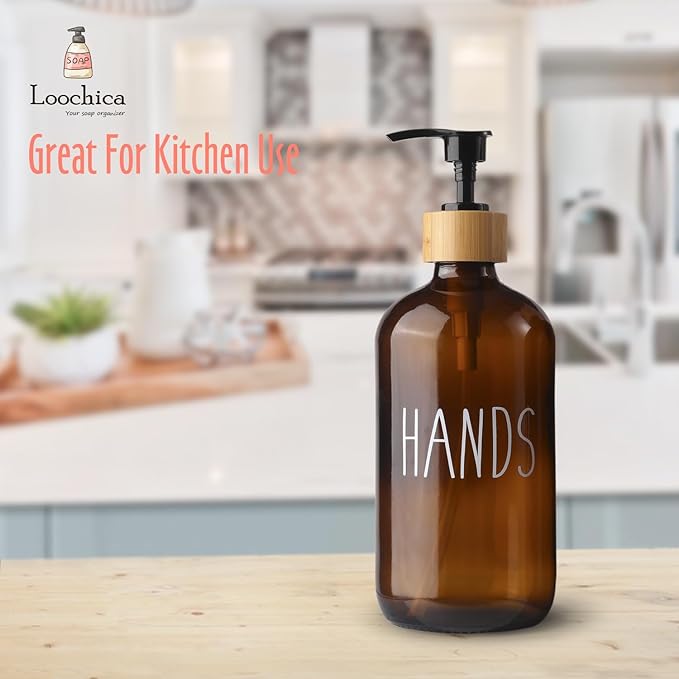 Hand Amber Glass Soap Dispenser with Pump, Amber Hand Soap Dispenser, Refillable Reusable Apothecary Soap Pump Dispenser Bottles for Bathroom and Kitchen Use