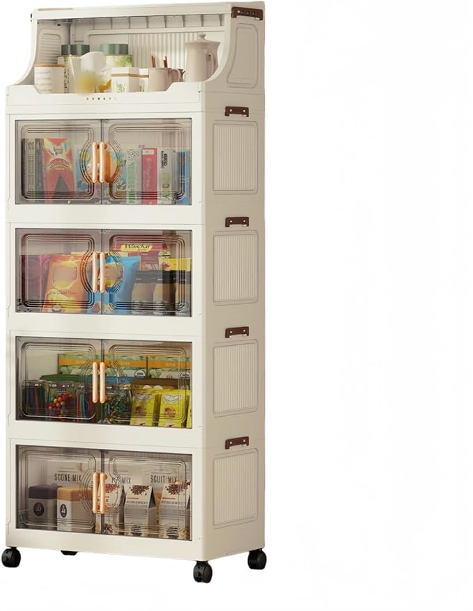 217QT Stackable Storage Bins with Lids & Rack, 5 Tier Large Capacity Foldable Storage Cabinet, Clear Collapsible Pantry Organizer for Home, Kitchen, Bathroom, Dorm, Office