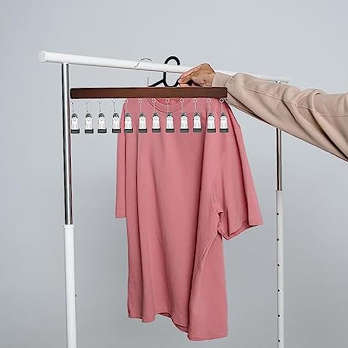 Closet Organizer with 10 Clips - Space Saving Hanging Closet Organizer, Multi-Purpose Storage Hanger for Pants, Leggings, Jeans, Sock, Shorts with Sturdy Steel Non-Slip Clips (Wood)
