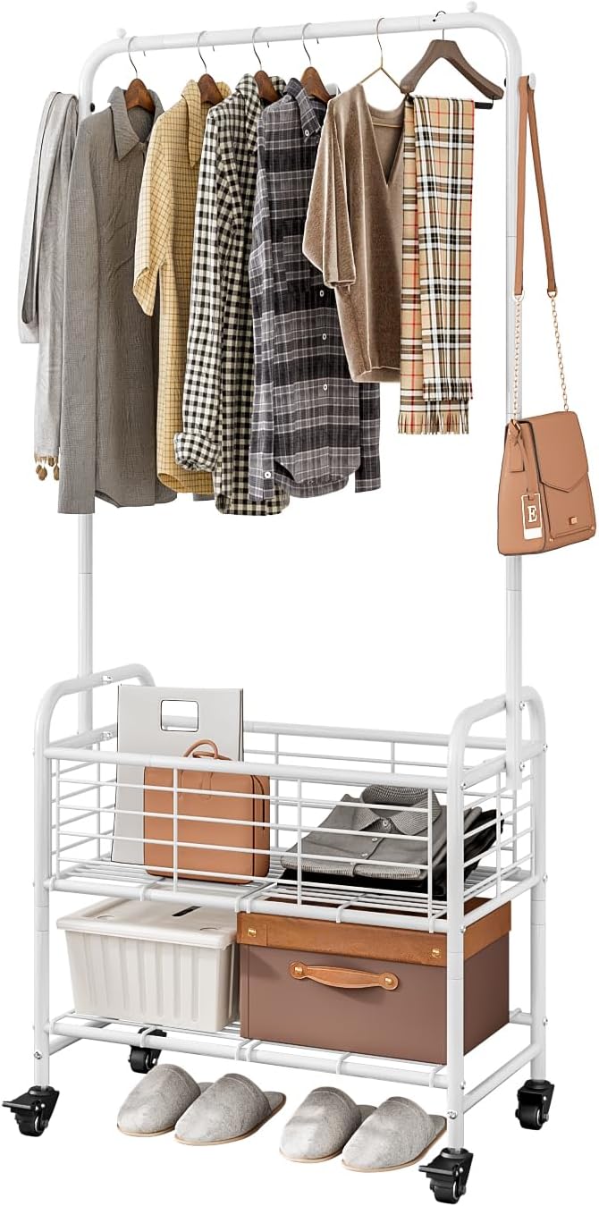 SUOERNUO Laundry Basket with Wheels Rolling Laundry Hamper Laundry Sorter Cart Shelf Hanging Rack,White