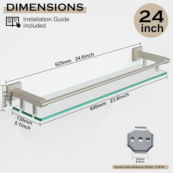 SFGSOWOR Glass Shelf for Bathroom Wall Sheves 24 inch Rectangular Stainless Steel Tempered Glass Modern Stainless Steel Wall Mount Accessories Organizers Storage (Brushed Nickel, 24‘’)