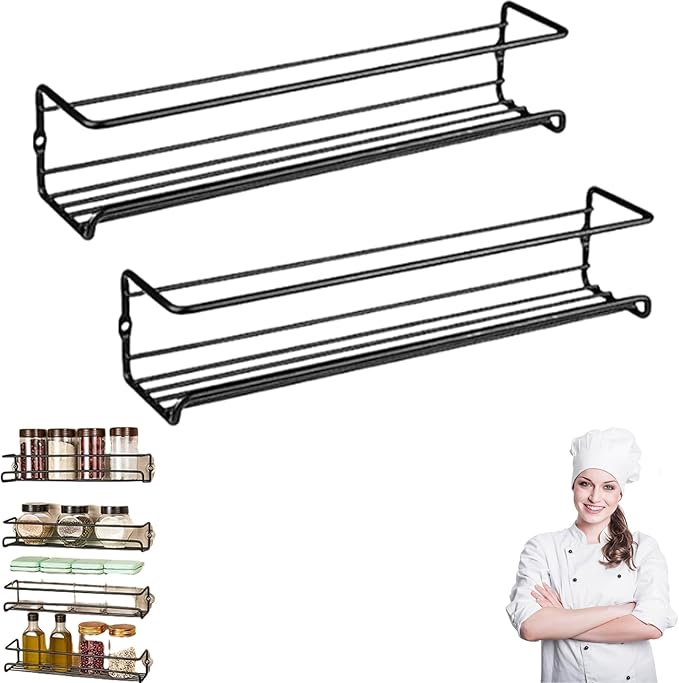 No-Drill Wall-Mounted Spice Rack, Carbon Steel Wall-Mounted Kitchen Spice Rack, Kitchen Hanging Condiments Storage, Wall-Mounted Spice Rack for Cabinet Door Storage, For Kitchen Organization (S*2pcs)