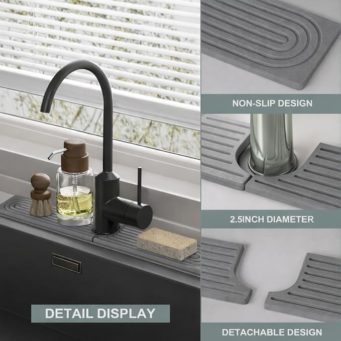Meiliweser Stone Faucet Mat for Kitchen Sink, Quick Dry Diatomite Sink Splash Guard, Upgraded U-shaped Drying Sink Protectors, Non-Slip Stone Tray for Bathroom Counter (23.6" x 4", Dark Gray)