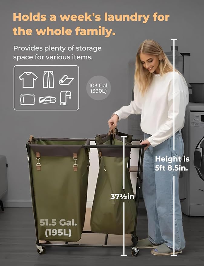 StorageWorks 390L Extra Large Laundry Hamper with Wheels, 2 Sections Laundry Basket with Wheels, Clothes Sorter Cart with Divider for Hotel, Home, Green, 37.75"L x 17"W x 37.5"H