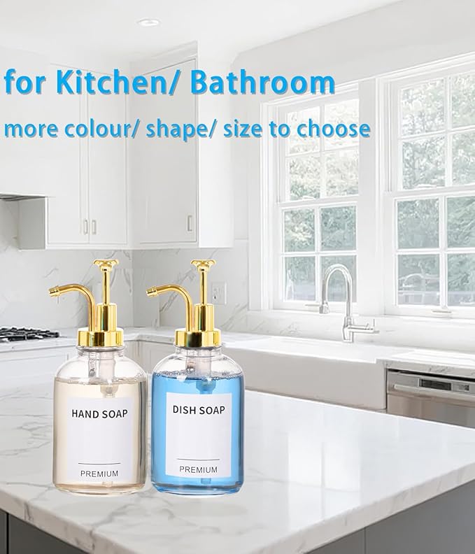 12oz Dish Soap Dispenser for Kitchen, Hand Glass Soap Dispenser Set with Pump, Tray, Funnel for Bathroom, Shower, Laundry, Liquid, Lotion (Gold 2 Pack Clear Bottles with 12 Stickers)