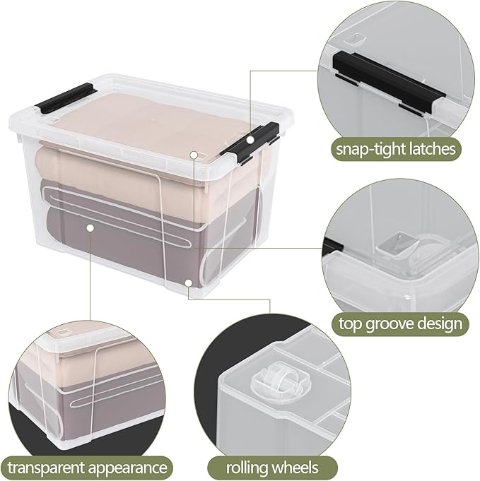 Aninhao 50 Quart Clear Latching Storage Box Bins, 4 Packs, Large Plastic Storage Boxes with Wheels