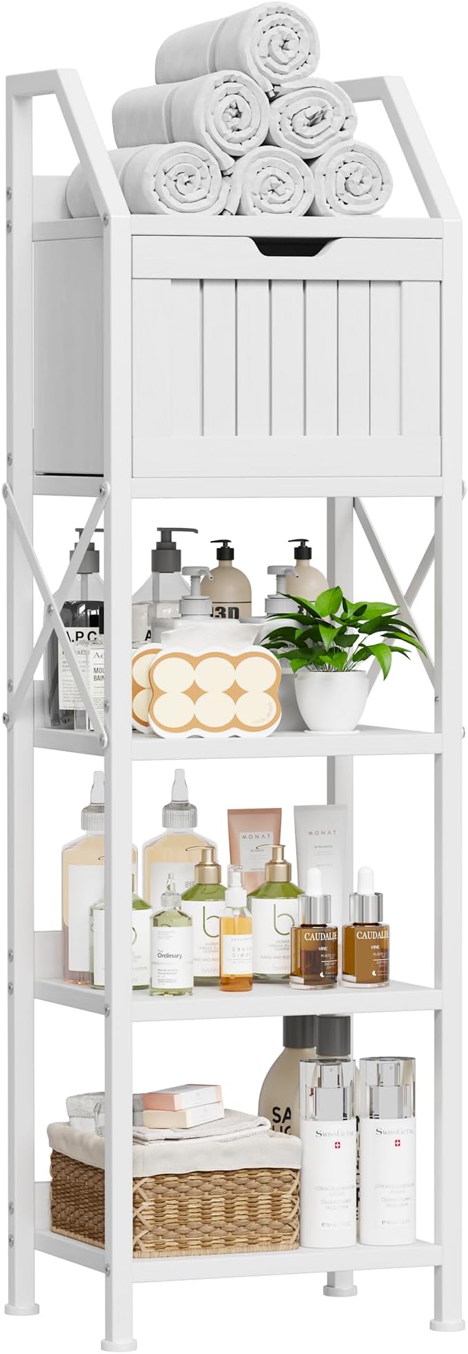 Homeiju Bathroom Floor Cabinet, 5-Tier Bathroom Storage Organizer Rack with Drawer, Multifunctional Corner Unit, 47.24 Inches in Height, White