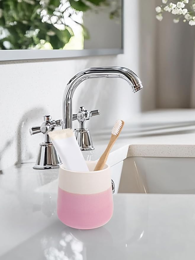 INGOFIN Ceramic Toothbrush Holder Cup, 12 oz Toothpaste Holder for Bathroom Vanity and Countertop, Organizer for Cosmetic, Makeup, Office Pencils, for Hotel Apartment, Beige and Pink
