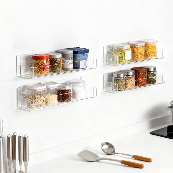 Acrylic Spice Rack Wall Mount 12 Inch, Clear Spice Shelf Storage Holder, 4 Pack Hanging Seasoning Rack Organizer for Cabinet Door, Cupboard or Wall Kitchen (Adhesive or Screw)