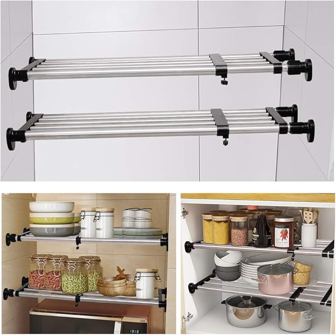 BAOYOUNI Expandable Closet Shelf Tension Rod Clothes Hanger Storage Rack Adjustable DIY Shelving Unit Cabinet Kitchen Bathroom Divider Separator Organizer, Black