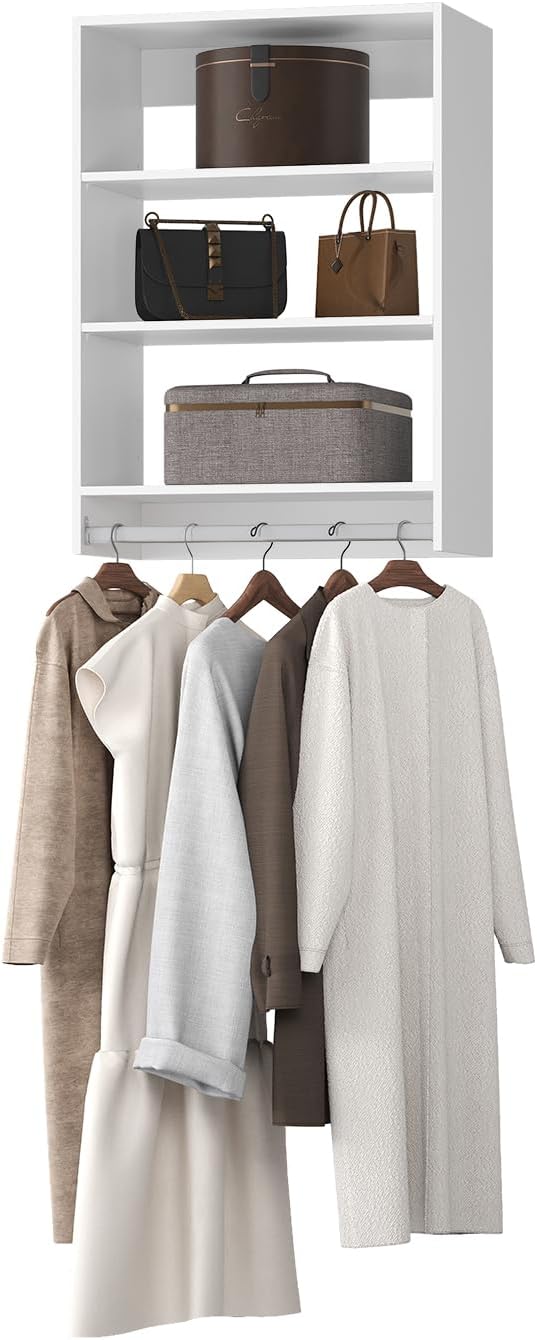 Medium Double Hanging Closet Unit, Modular Closet System, Wood Closet System Organizer with Storage for Walk In Closets, Clothing Rack Closet for Hanging Clothes, Bedroom, White, 19.5"W