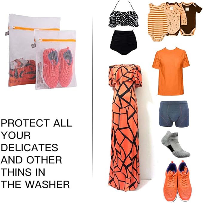 Kimmama Laundry Mesh Wash Bags, Lingerie Bags for Washing Delicates, Mesh Laundry Bags for Washing Machine, White Net, Orange Zipper, 1L & 1M