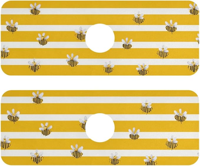 Kitchen Sink Splash Guard 2 PCS 14.7 Inch Sink Faucet Mat Splash Guard for Bathroom Countertop Water Absorbent Foldable Cuttable Soft Washable Yellow and White Striped Bees01