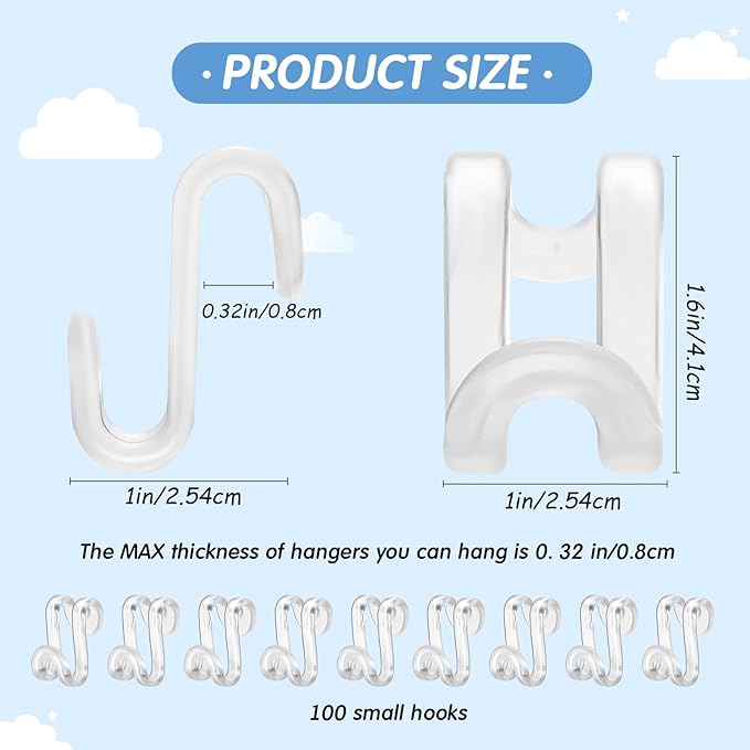 Unittype 100 Pcs Transparent Plastic Clothes Hanger Connector Hooks, Heavy Duty, Space Saving, Cascading