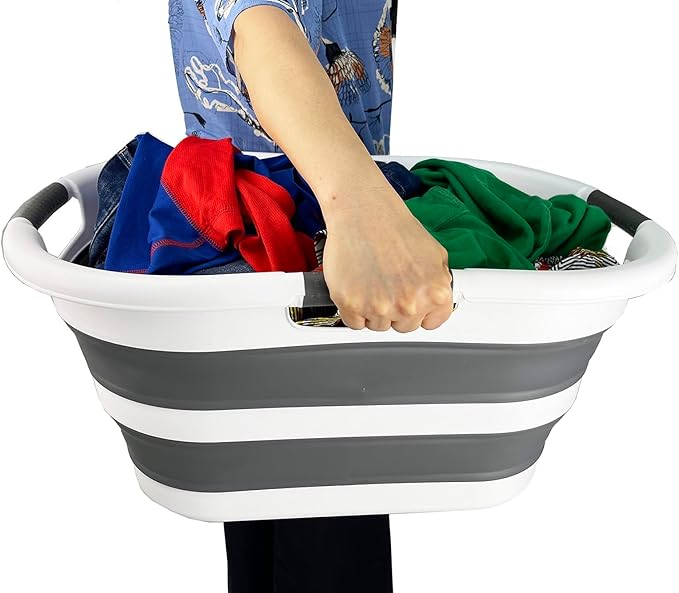 SAMMART 40L (10.5 gallon) Plastic Foldable Laundry Basket/Tub - Collapsible, Space Saving and Portable Laundry Hamper, Ideal for Home, Travel, Dorm, and Camping (1, White/Steel Gray)