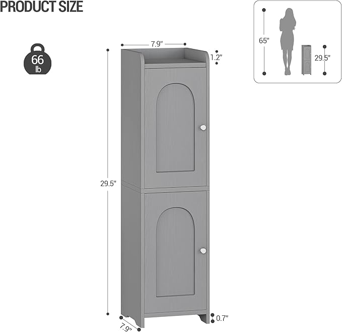 Bathroom Storage Cabinet, Small Corner Floor Cabinet with 2 Doors and Adjustable Shelf, Narrow Toilet Paper Cabinets, Bathroom Organizer for Small Spaces, 7.9" D x 7.9" W x 29.5" H Gray