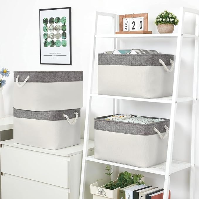 Sacyic Organization and Storage Basket for Organizing - Large 4 Pack 16x12x8 inch Fabric Storage Cube Collapsible Baskets for Shelves, Storage Bins for Cloth Books (Grey & White)