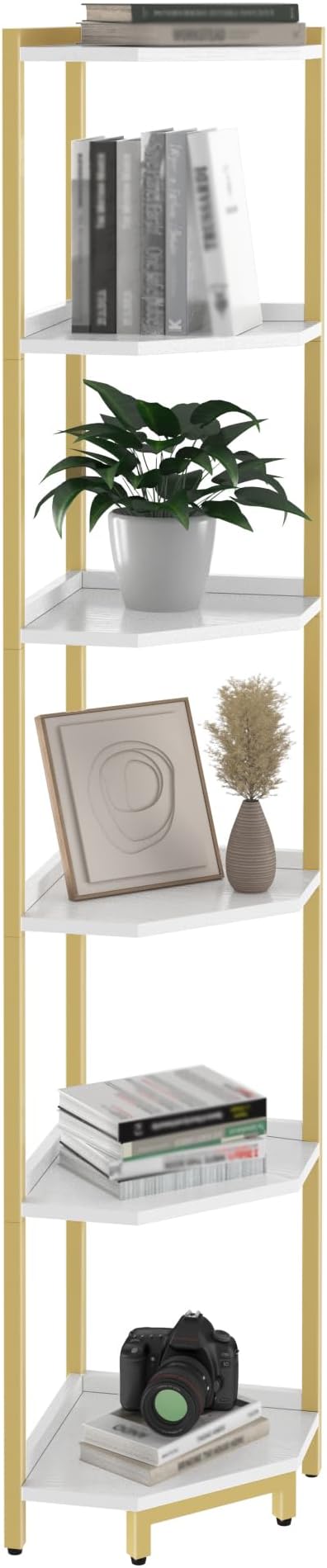 Corner Shelf Stand, Corner Bookshelf, Storage Standing Shelf Unit with Metal Frame, Plant Stand, Bookcase for Living Room, Home Office, Bedroom, 6-Tier White Gold CS06003A