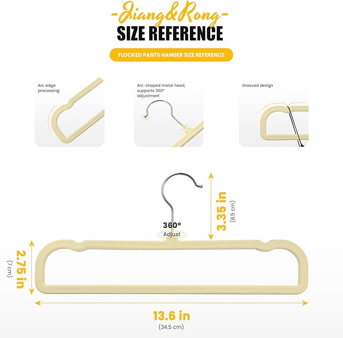 Jiang&Rong 30-Pack Velvet Pants Hangers, Space Saving Slim and Ultra-Thin Non-Slip with 360° Rotating Hooks Felt Hangers, Strong Load-Bearing Capacity Hangers(Beige)