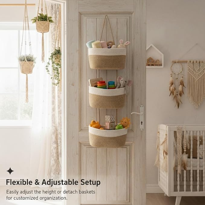 Britwicfr Hanging Wall Basket, Over the Door Hanging Basket with Hooks, 3-Tier Cotton Hanging Basket for Organizing, Decorative Boho Chic Decor for Wall, Bedroom, Living Room, Nursery, Whte & Jute